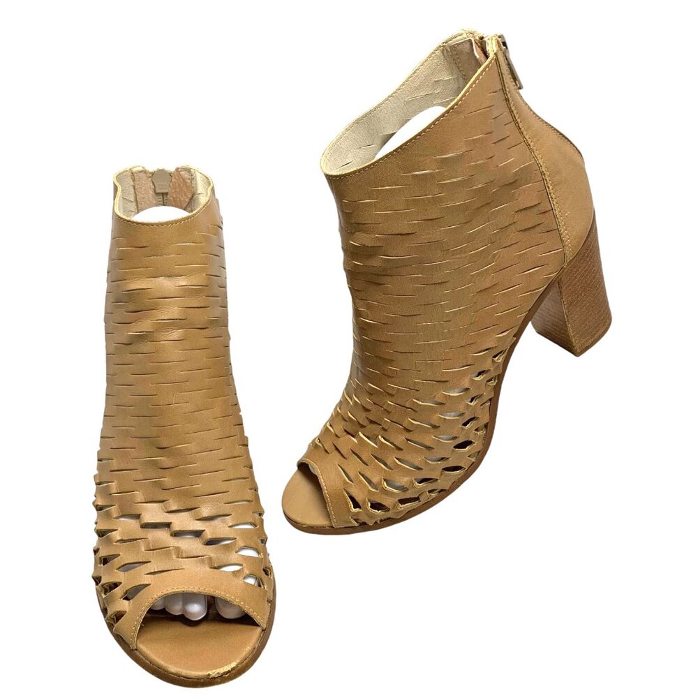 Piampiani Tan Laser Cut Leather Open Toe Booties